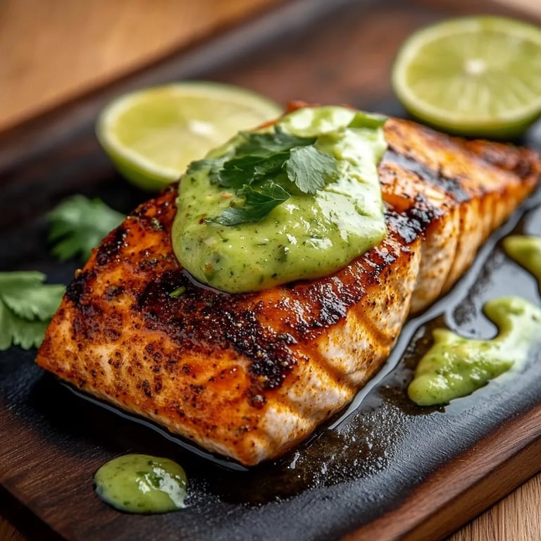 Quick Baked Cajun Salmon with Avocado Lime Sauce