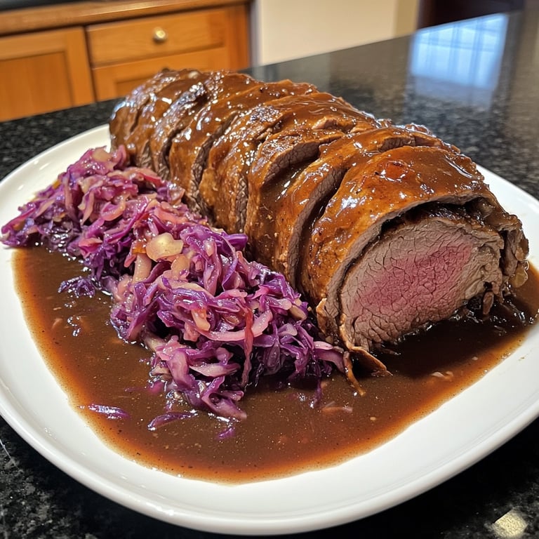 Braised Beef Rouladen with Red Cabbage and Dumplings