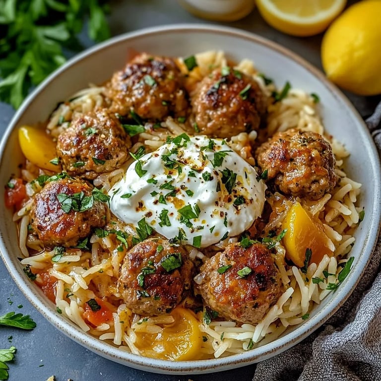 Greek Meatballs and Lemon Orzo with Feta Cream