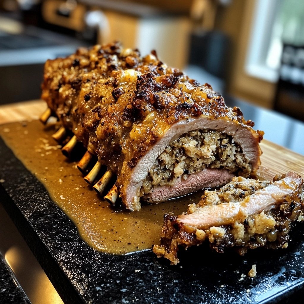 Stuffed Rack of Pork with Cider Gravy