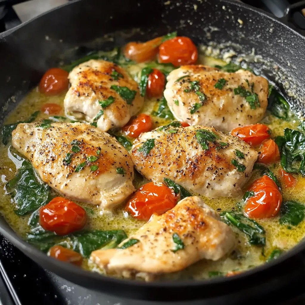 Creamy Pesto Chicken with Roasted Tomatoes & Spinach