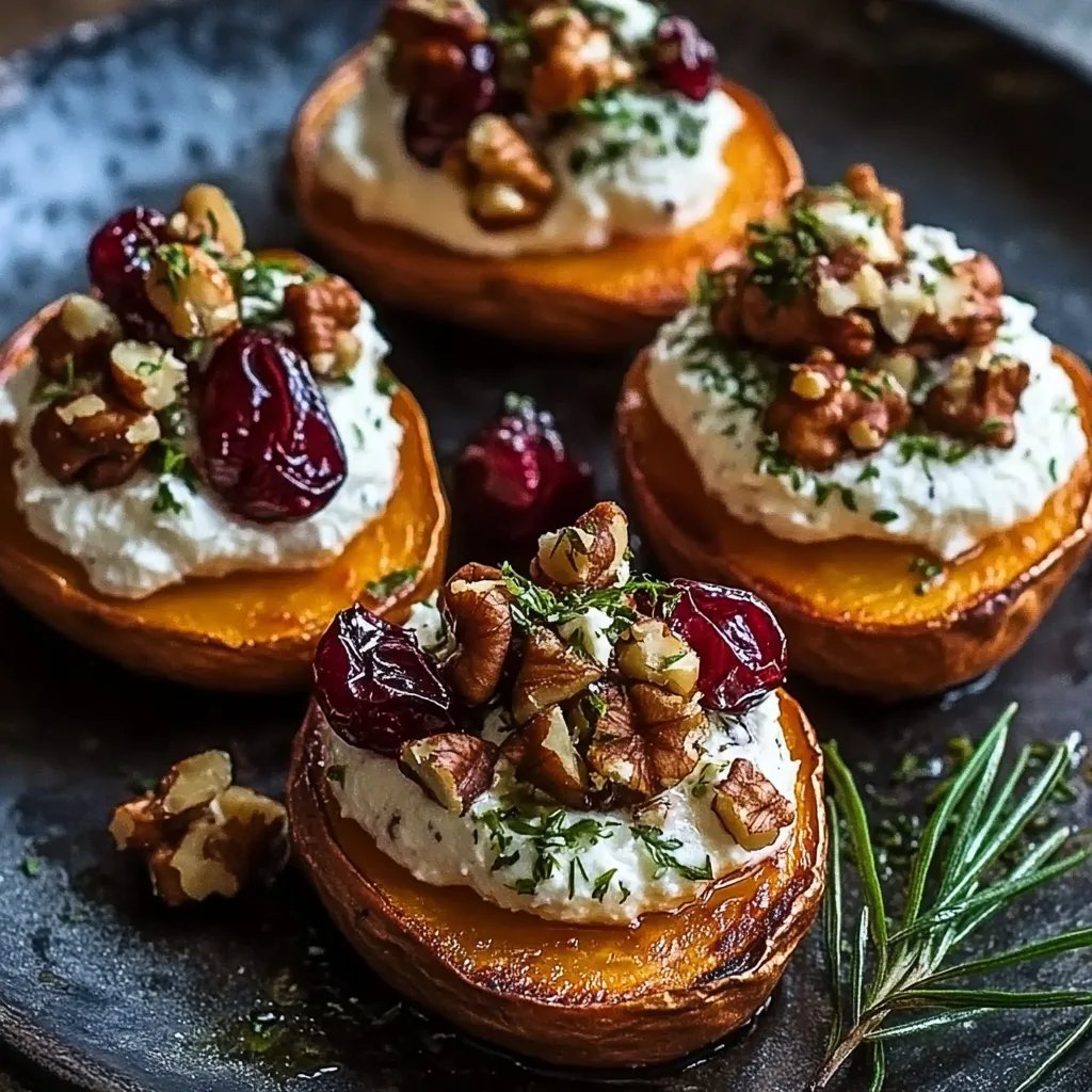 Roasted Sweet Potato Rounds with Herbed Ricotta, Walnuts, and Cranberries